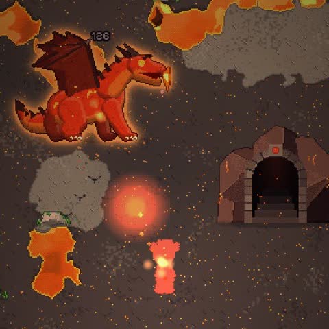 O herói enfrentando um dragão de lava perto de uma masmorra no vulcão