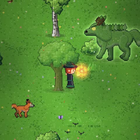 Herói soltando magia de fogo na floresta, com um lobo de musgo e uma raposa